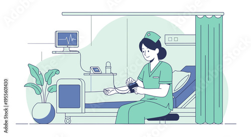 Nurse measuring patient's blood pressure in hospital room, medical checkup, healthcare concept