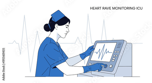 Nurse monitoring heart rhythm on ICU monitor, medical technology in intensive care unit