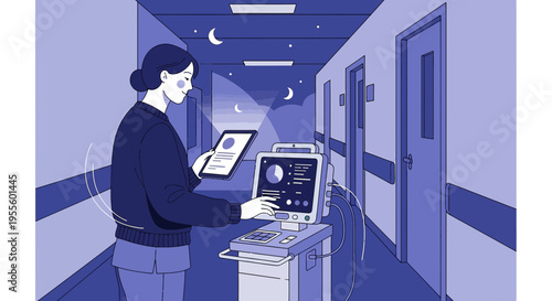 Nurse monitoring patient on ventilator in hospital hallway at night, technology in healthcare