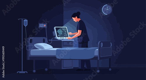 Nurse monitoring patient in hospital bed with ultrasound machine at night