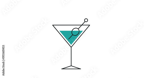 Minimalist martini illustration with olive and teal liquid against a pristine white background