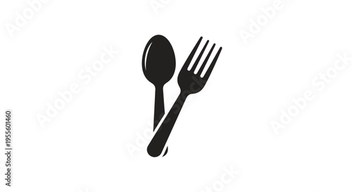 Minimalist monochrome cutlery illustration featuring a spoon and fork on a white backdrop
