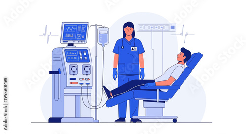 Nurse monitoring patient undergoing dialysis treatment with modern medical equipment