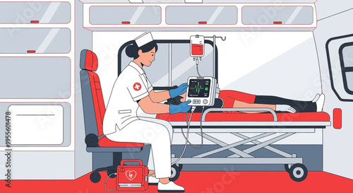 Nurse monitoring patient vital signs in ambulance during emergency transport