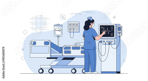 Nurse monitoring patient vital signs on medical monitor in hospital room