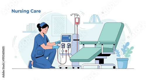 Nurse operating dialysis machine beside patient chair in clinic, healthcare concept