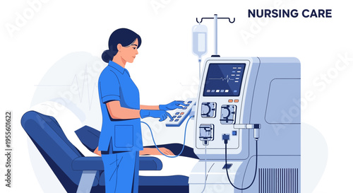 Nurse operating dialysis machine for patient in clinic, healthcare concept