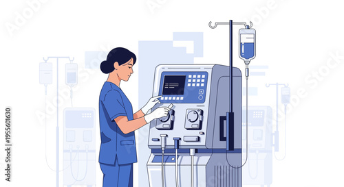 Nurse operating dialysis machine in hospital, medical treatment for kidney failure