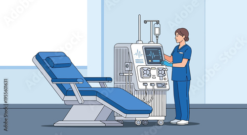 Nurse operating dialysis machine next to patient chair in clinic, medical equipment