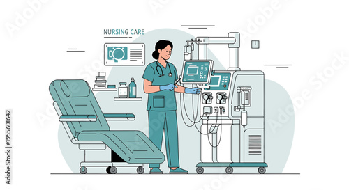 Nurse operating dialysis machine next to patient chair in clinic