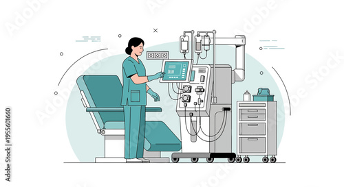 Nurse operating dialysis machine in modern clinic, medical equipment, patient care concept