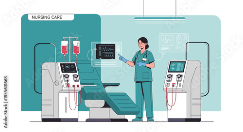Nurse Operating Dialysis Machine in Modern Medical Clinic