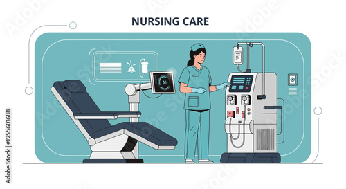 Nurse Operating Dialysis Machine Next to Patient Chair in Modern Clinic