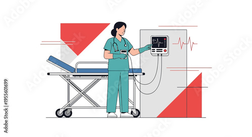 Nurse operating medical equipment next to hospital bed, modern healthcare technology concept