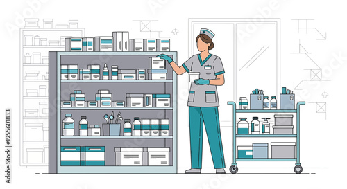 Nurse Organizing Pharmacy Shelves with Medication and Supplies on Cart