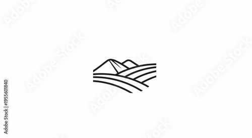 Minimalist landscape illustration featuring mountain range and rolling terrain in black and white