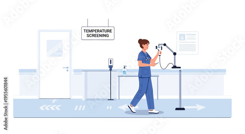 Nurse performs temperature screening at clinic entrance, COVID-19 prevention measures