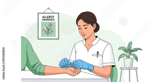 Nurse performs allergy skin prick test on patient's arm for allergy awareness