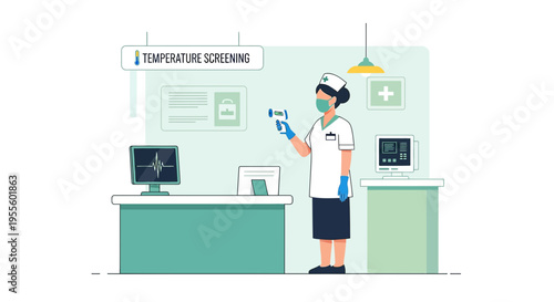 Nurse performs temperature screening with infrared thermometer at clinic checkpoint