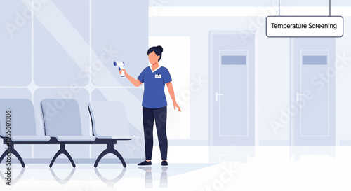 Nurse performs temperature screening with infrared thermometer in hospital waiting area