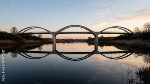 Modern Arch Bridge with Reflection Over Calm Water at Sunset