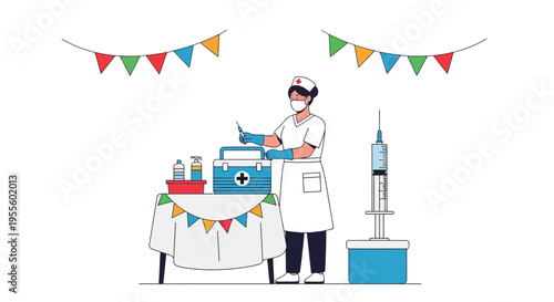 Nurse Preparing Vaccination Station with Medical Supplies and Syringe