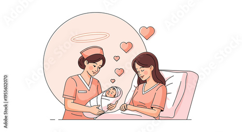 Nurse Presents Newborn Baby to Mother in Hospital Bed, Hearts and Halo Symbolize Love and Care