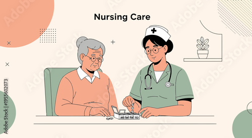 Nurse providing care and medication to elderly patient at home or clinic