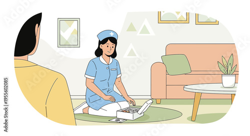 Nurse provides home care, checking medical supplies with patient in living room