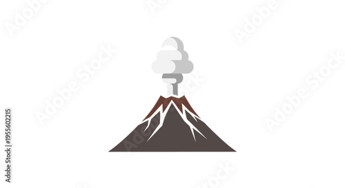 Minimalist volcanic eruption illustration with smoke clouds and earth structure over a white