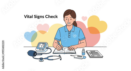 Nurse recording vital signs, blood pressure monitor, stethoscope, thermometer, medical checkup