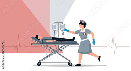 Nurse rushes to patient on gurney with medical equipment, emergency care concept