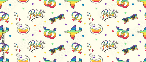 Pride seamless pattern with rainbow symbols and hand drawn style