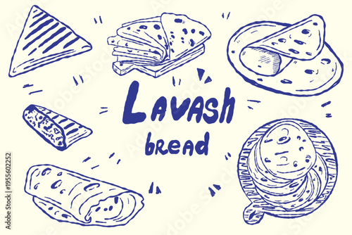 Lavash bread set with flatbread and wraps in hand drawn style