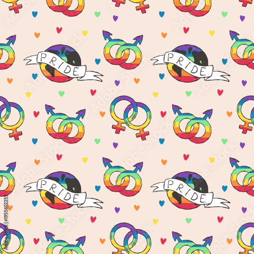 Rainbow pride seamless pattern with love symbols in hand drawn style