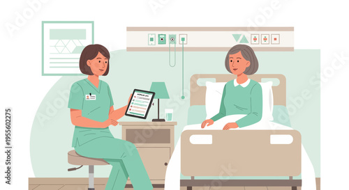 Nurse showing tablet to elderly patient in hospital room, healthcare concept