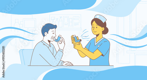 Nurse shows patient how to use asthma inhaler for breathing treatment