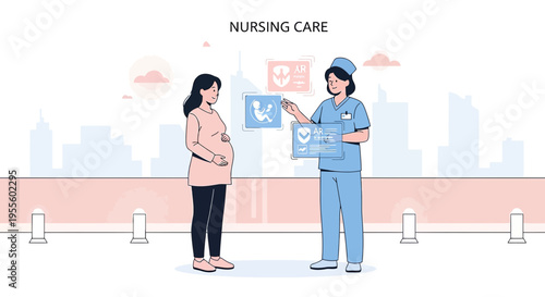 Nurse shows pregnant woman digital health data on futuristic screen