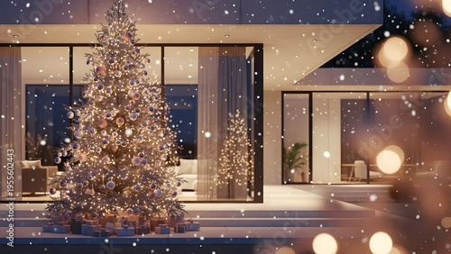 Luxury Christmas Tree Modern Home Winter Snow Scene