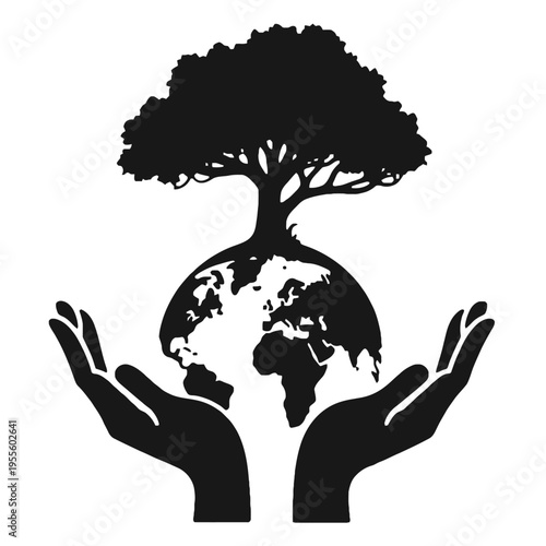 Vector illustration of hands holding the earth with a tree growing on top symbolizing environmental care and nature conservation efforts for future generations.