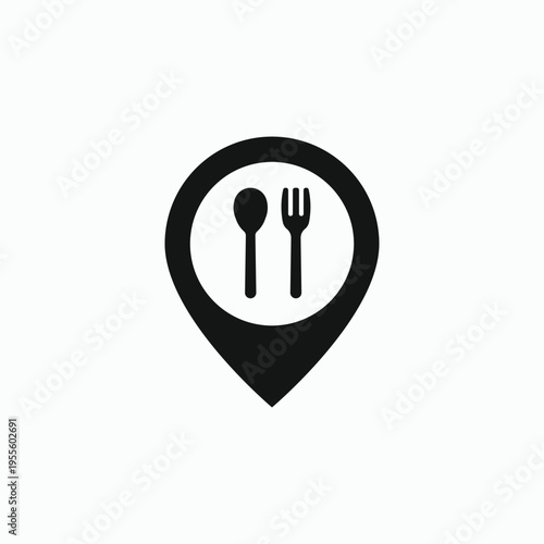 Simple icon shows fork and spoon inside map pin. Black shape stands out against clean white background. Ideal for food delivery or restaurant location markers