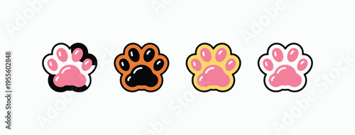 Cute paw prints in playful, cartoon style. Pink, brown, and yellow tones bring charm. Simple background highlights each print clearly. Ideal for children's apps or pet-themed designs