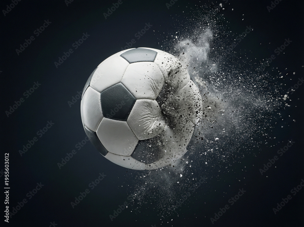 Naklejka premium Explosive Impact Ball. Soccer/Football. Studio Action-Inspired Product Photography. Dynamic Stills. A professional soccer ball frozen at the moment of impact with invisible force 