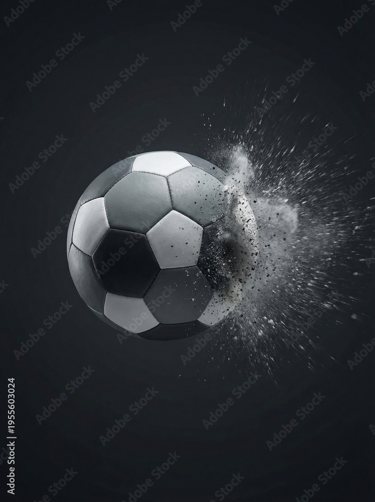 Fototapeta premium Explosive Impact Ball. Soccer/Football. Studio Action-Inspired Product Photography. Dynamic Stills. A professional soccer ball frozen at the moment of impact with invisible force 