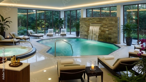 Luxury Spa Relaxation Pool Indoor Waterfall Tropical View