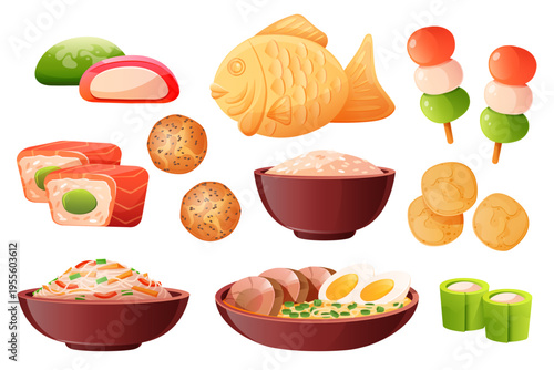 1Japanese Food Set Illustration with Sushi, Ramen, Rice, Dango and Taiyaki