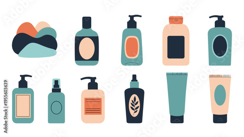 Collection of various skincare and beauty products in flat vector style including lotions, pumps, and bottles on a white background.