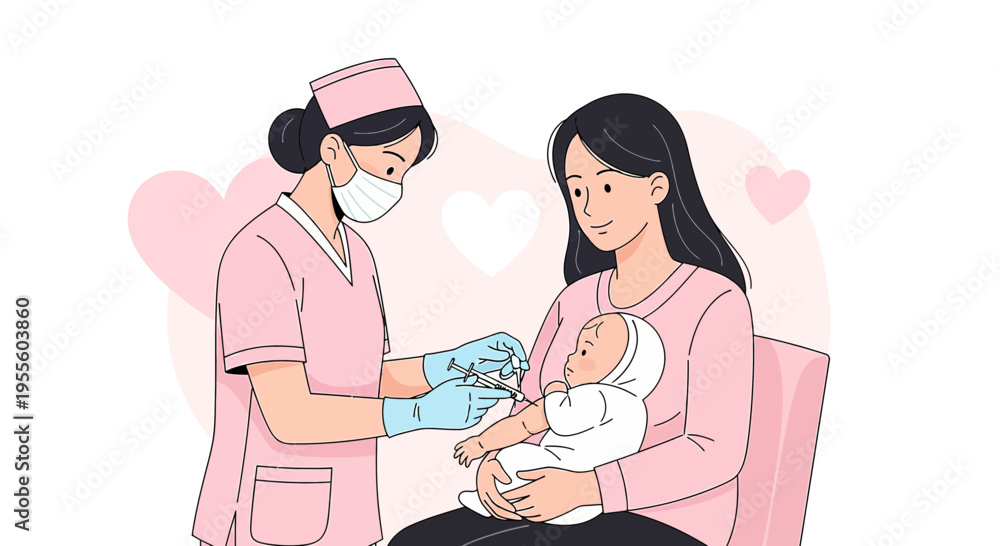 Fototapeta premium Nurse Vaccinating Baby Held by Mother, Healthcare Concept