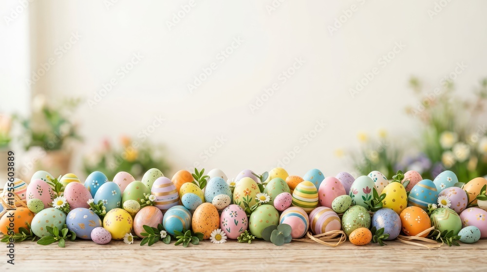 Obraz premium Colorful Easter Eggs Arrangement on Wooden Table with Flowers