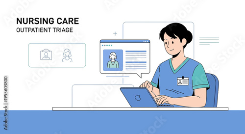 Nurse using laptop for outpatient triage, healthcare technology, patient care concept